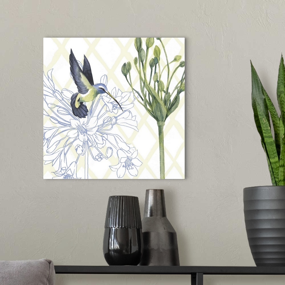 A modern room featuring Floral painting with a hummingbird and a white patterned background.