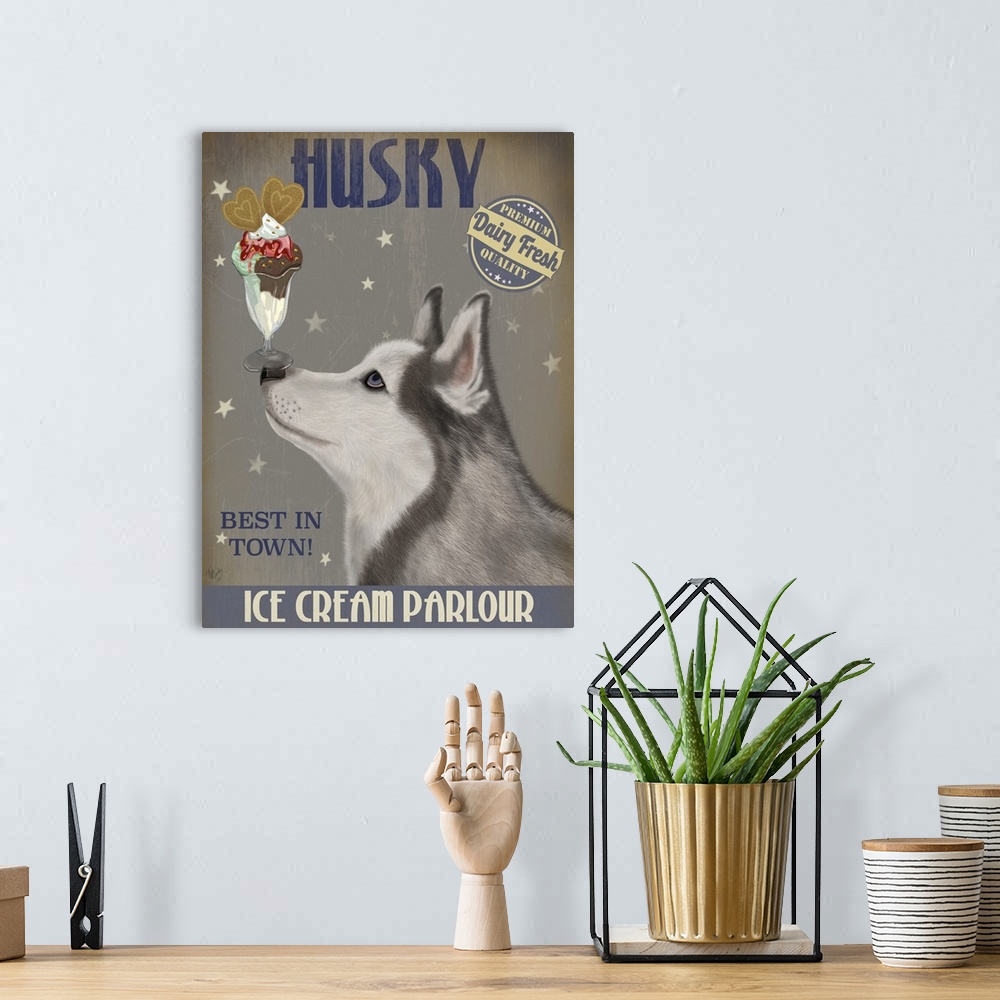 A bohemian room featuring Decorative artwork of a Husky balancing an ice cream sundae on its nose in an advertisement for a...
