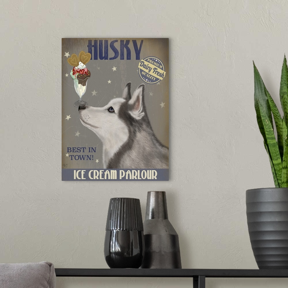 A modern room featuring Decorative artwork of a Husky balancing an ice cream sundae on its nose in an advertisement for a...
