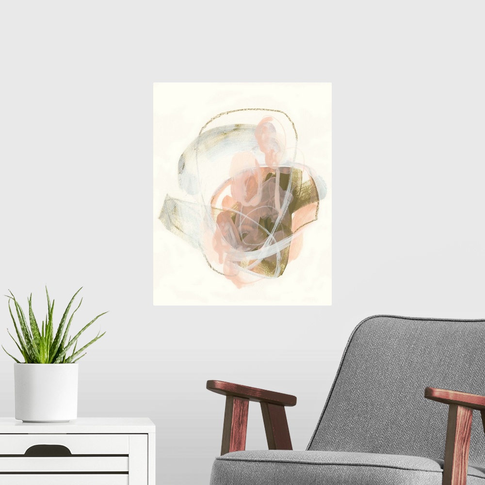 A modern room featuring Vertical abstract painting of pastel colors with gold accents in circular shapes.