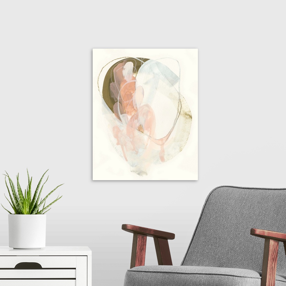 A modern room featuring Vertical abstract painting of pastel colors with gold accents in circular shapes.