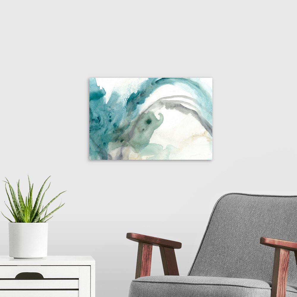 A modern room featuring Pale blue watercolor abstract, reminiscent of flowing water.