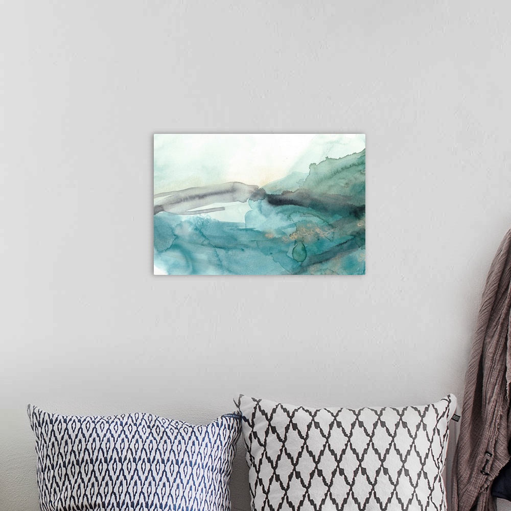 A bohemian room featuring Pale blue watercolor abstract, reminiscent of flowing water.
