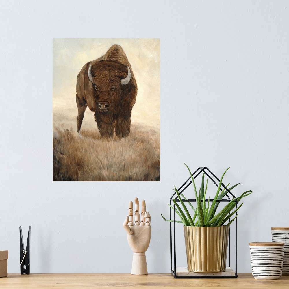 A bohemian room featuring Contemporary painting of a majestic American bison standing in a prairie.