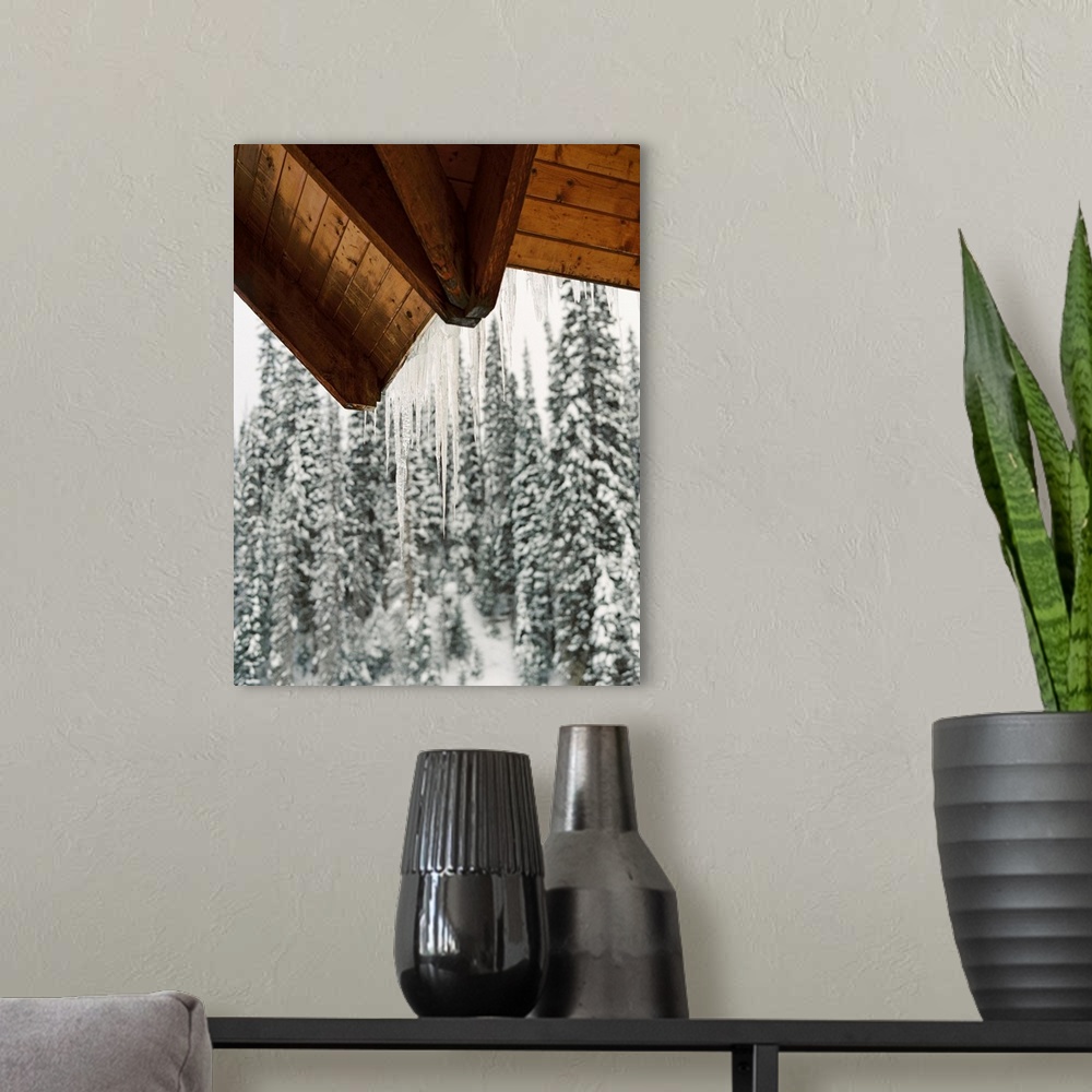 A modern room featuring Photograph of icicles hanging from the eaves of a cabin, Emerald Lake Lodge, Banff, Canada