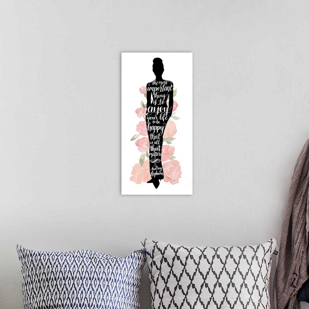 A bohemian room featuring Inspirational handlettered quote in a silhouette of Audrey Hepburn, with watercolor roses.