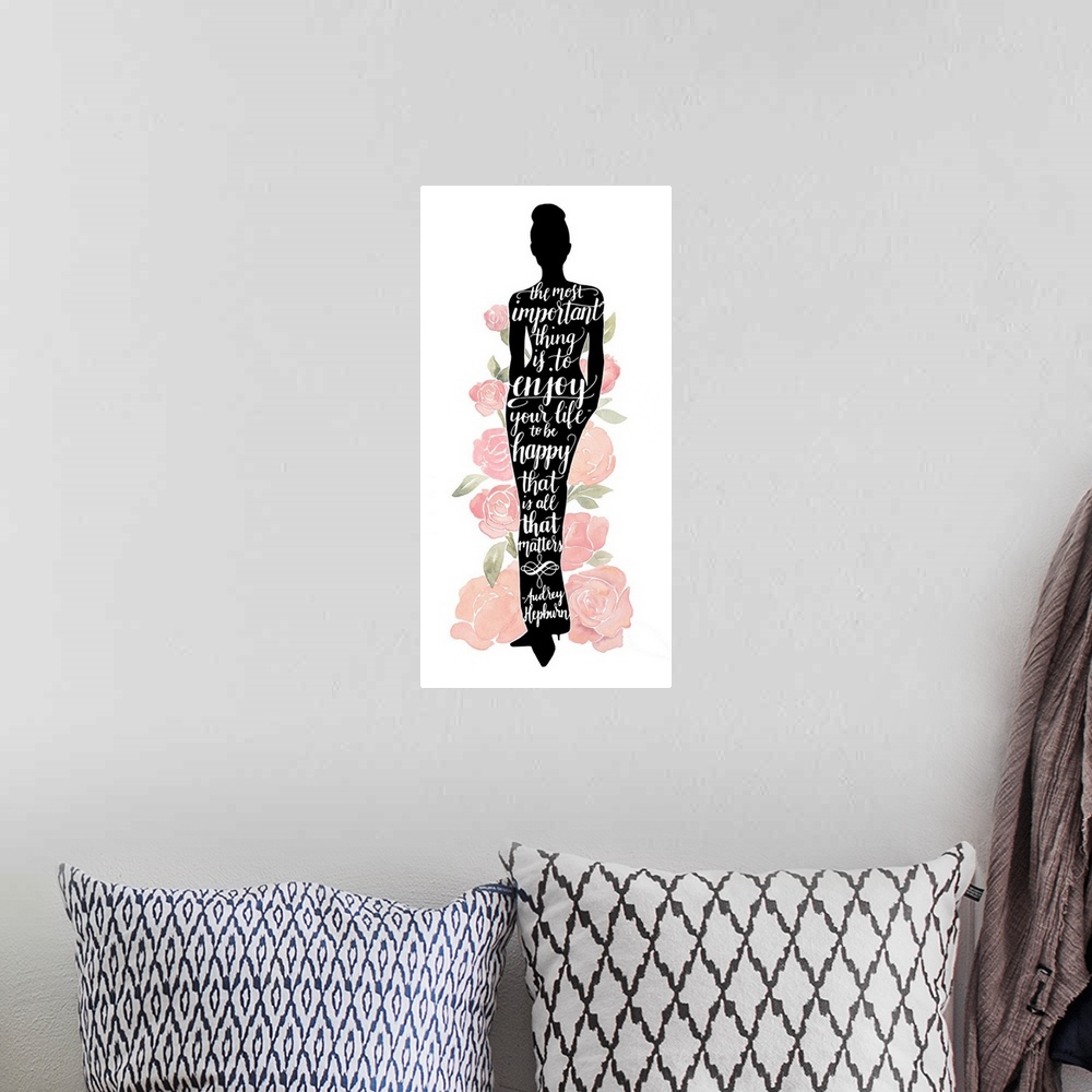 A bohemian room featuring Inspirational handlettered quote in a silhouette of Audrey Hepburn, with watercolor roses.