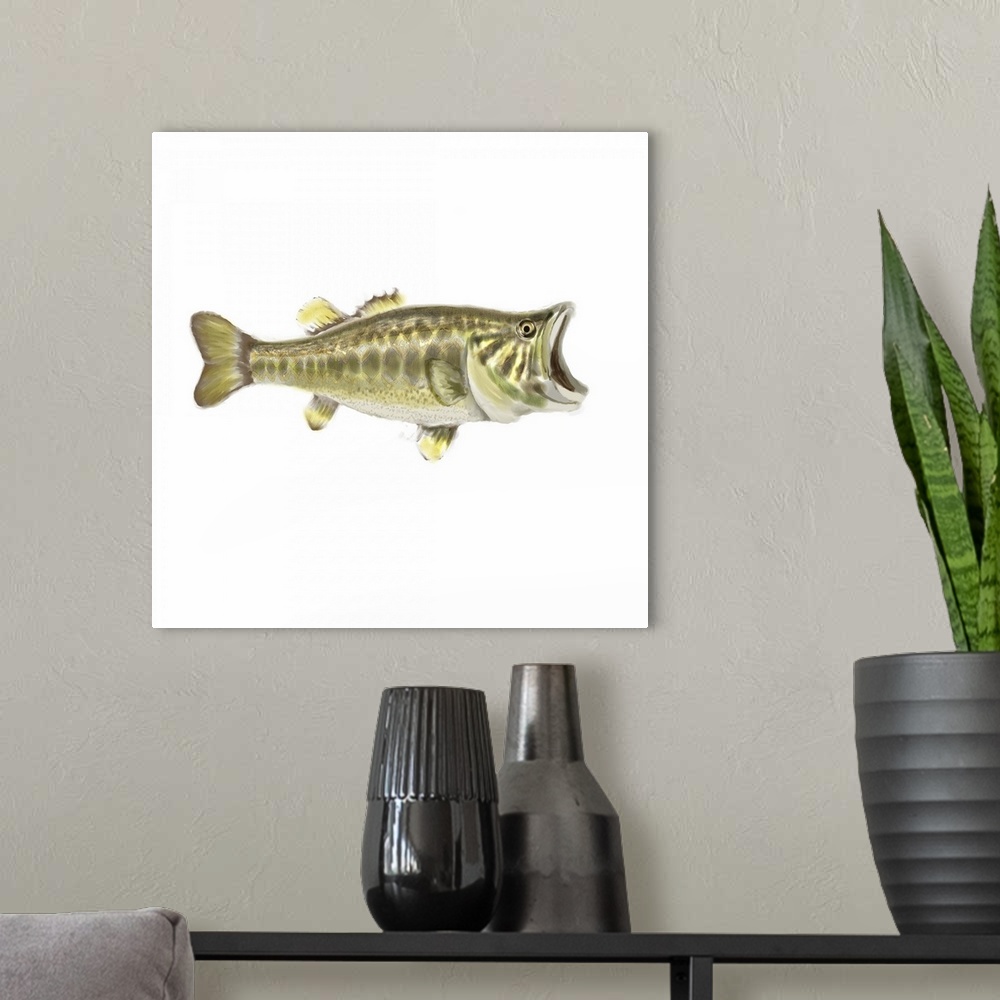 A modern room featuring This digital artwork of a fish features fine dotted textures, zig zag patterns and feathered brus...