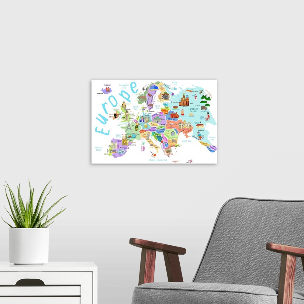 A modern room featuring Illustrated Countries Of Europe