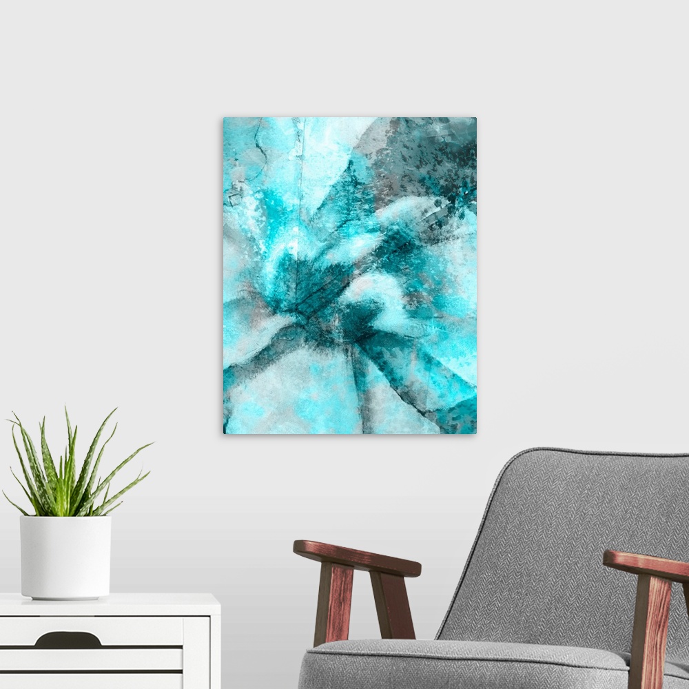 A modern room featuring Abstract painting of various shades of blue on canvas.
