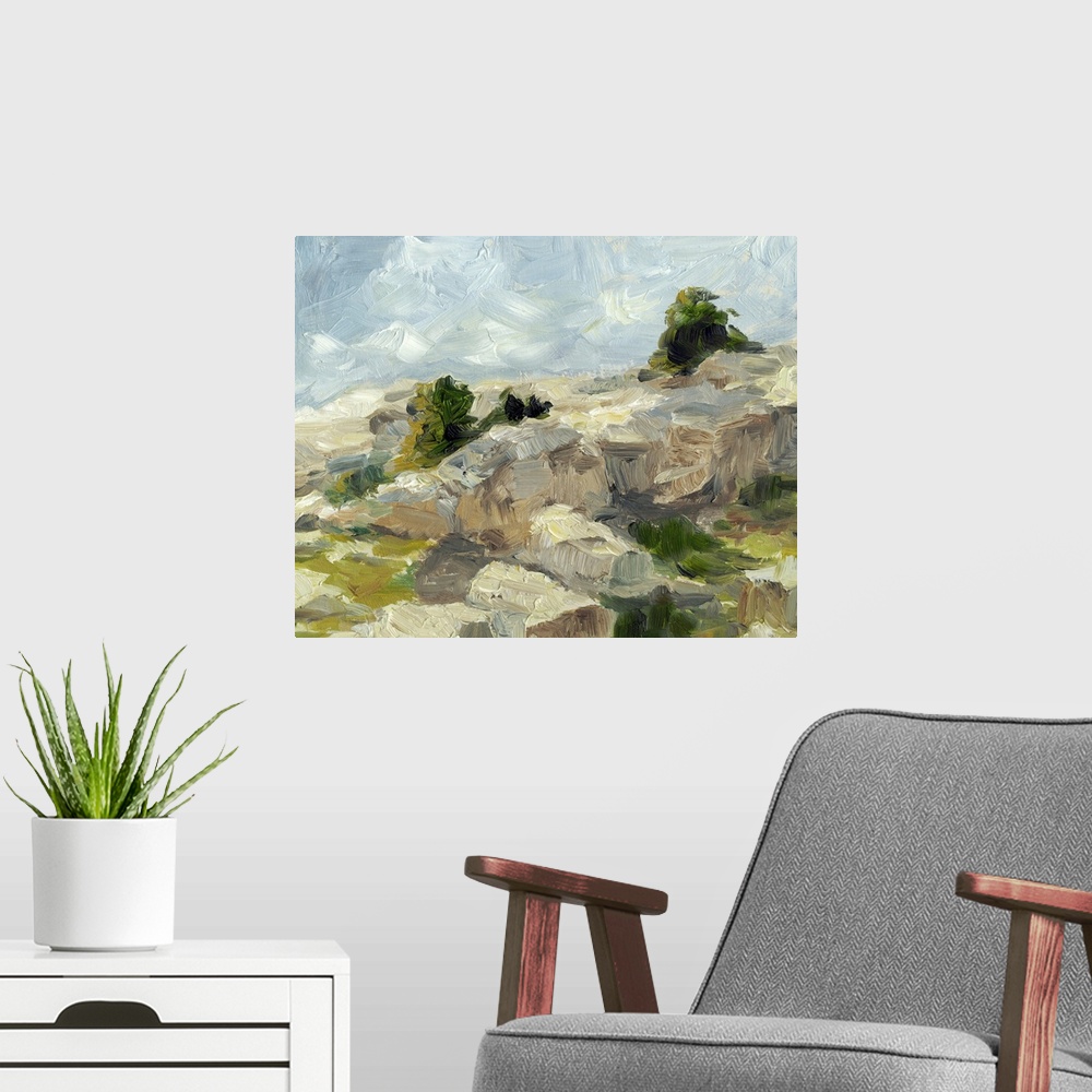 A modern room featuring Contemporary painting of boulders on hillside under a blue sky.