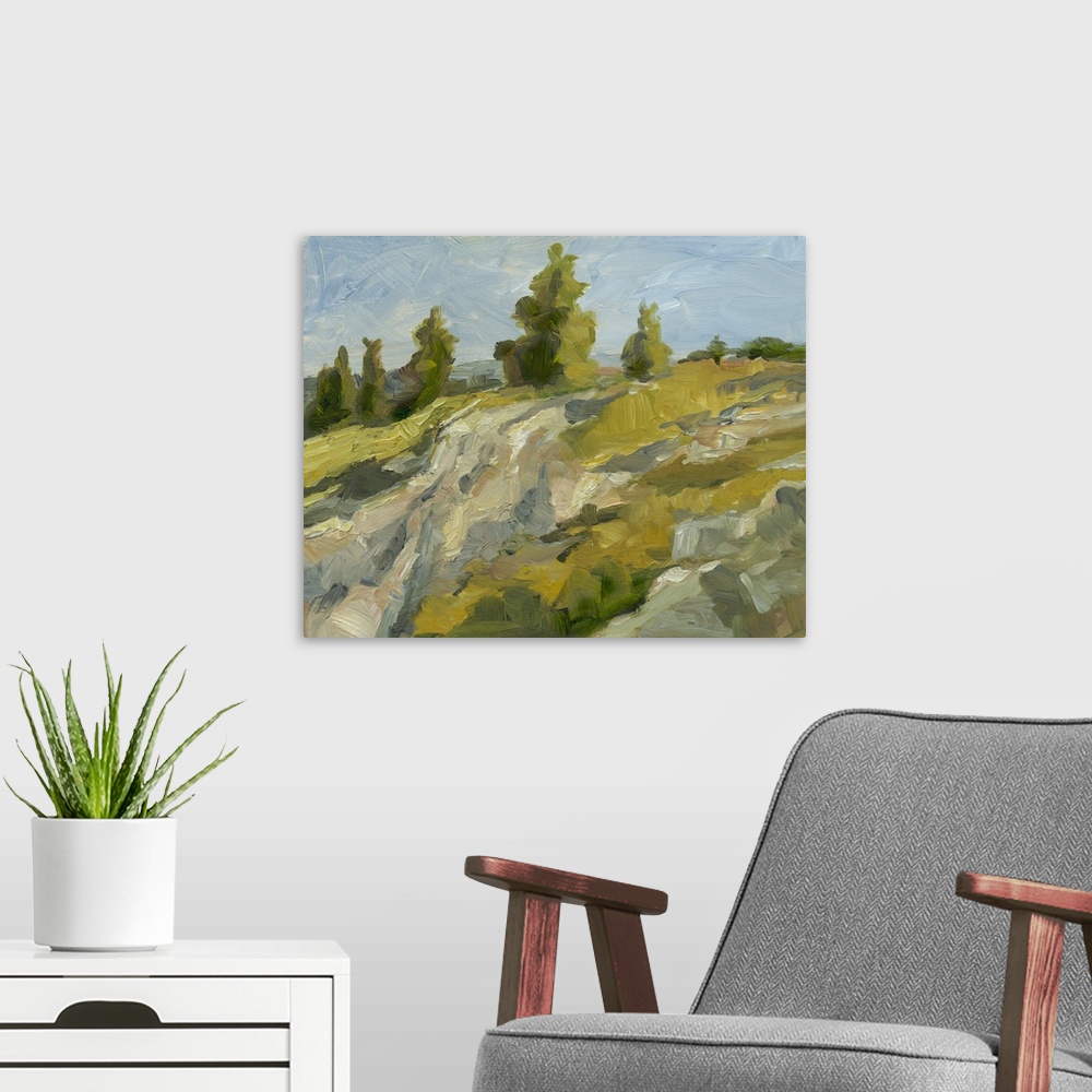 A modern room featuring Contemporary painting of boulders on hillside under a blue sky.