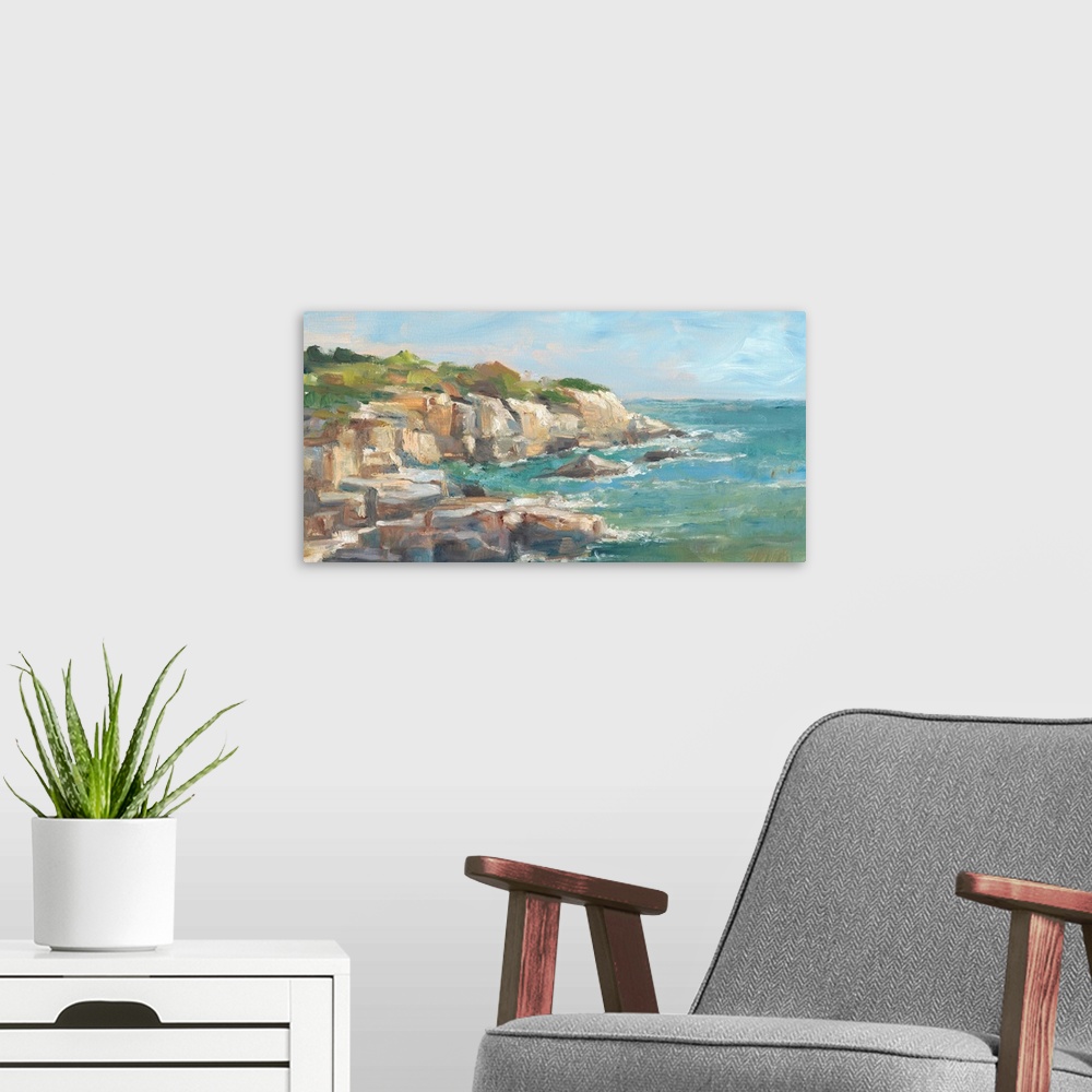 A modern room featuring Contemporary coastal seascape painting.