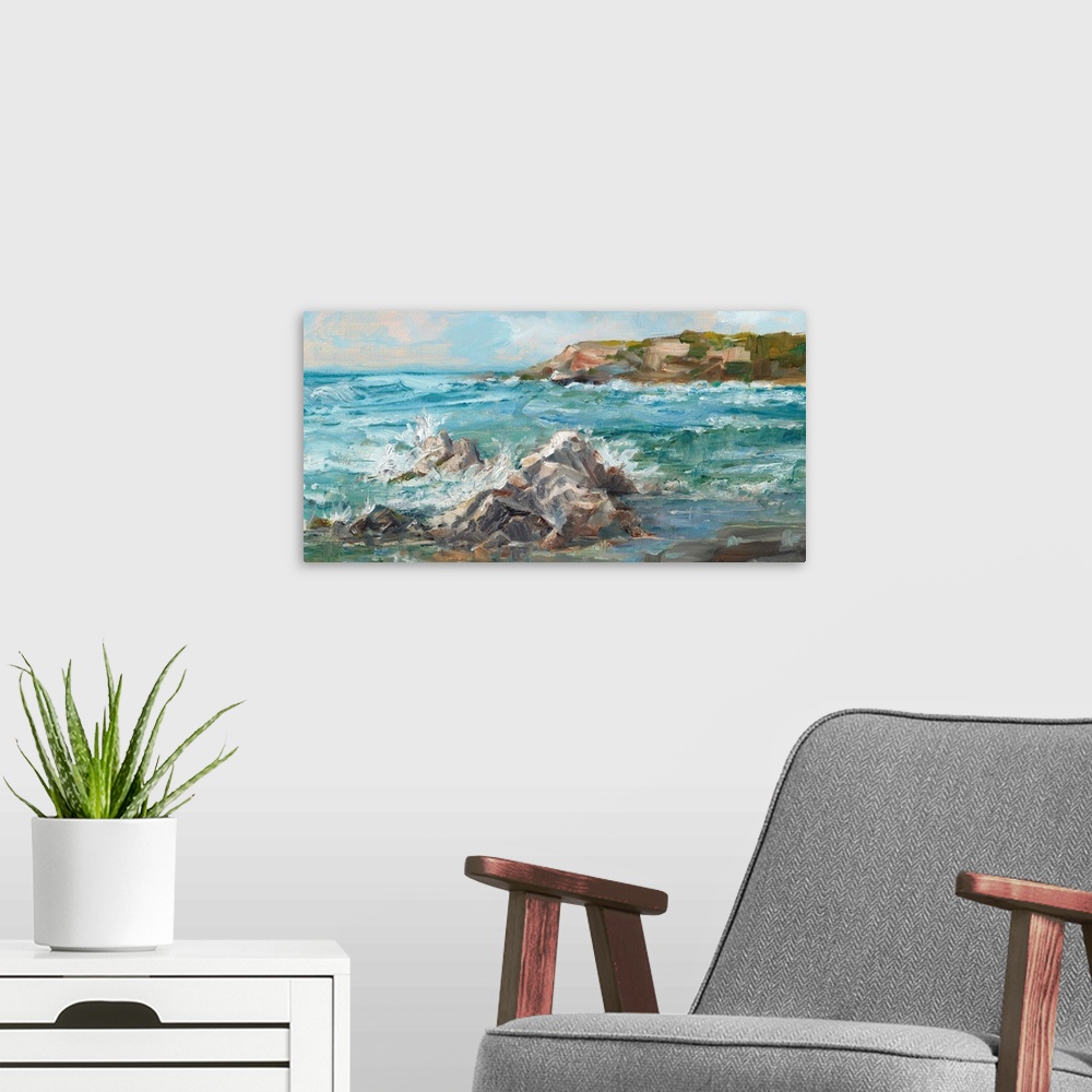 A modern room featuring Contemporary coastal seascape painting.