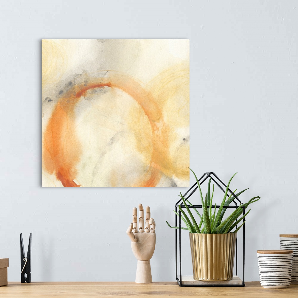 A bohemian room featuring Contemporary abstract painting of faded blotchy rings in muted tones.