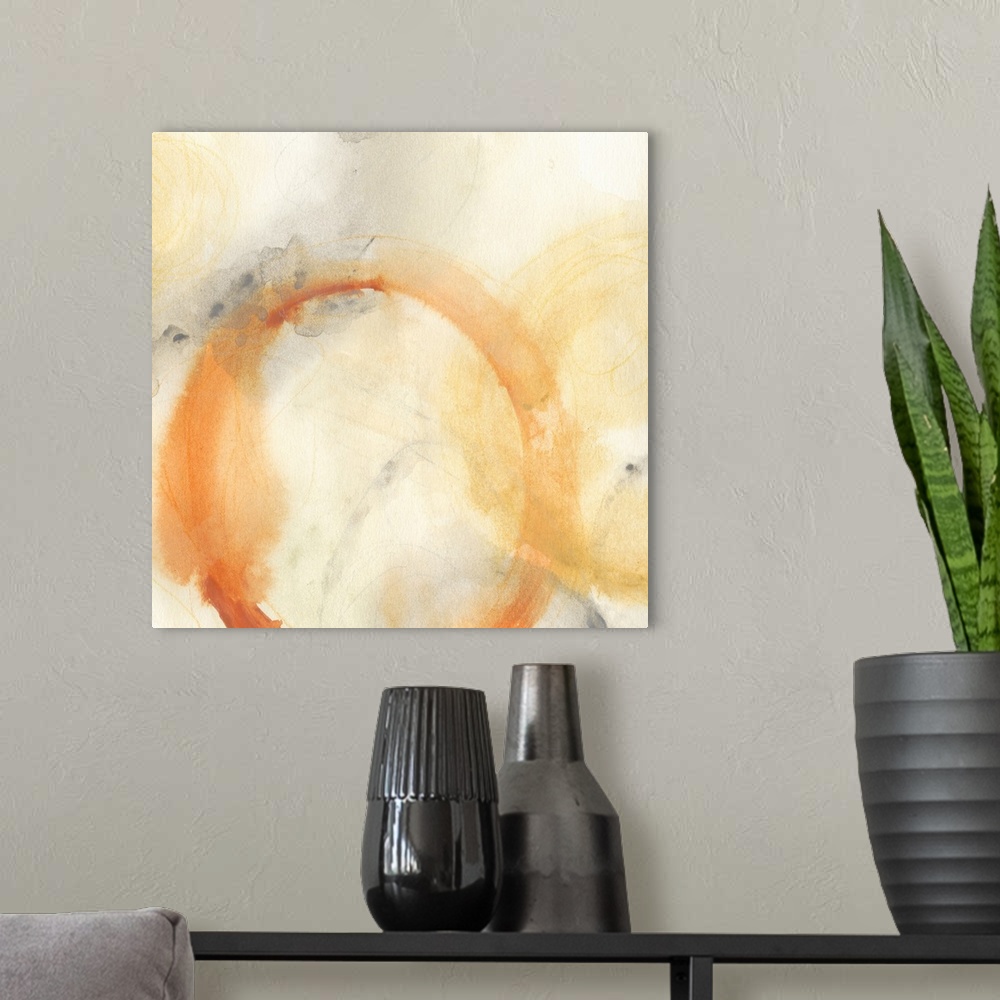 A modern room featuring Contemporary abstract painting of faded blotchy rings in muted tones.