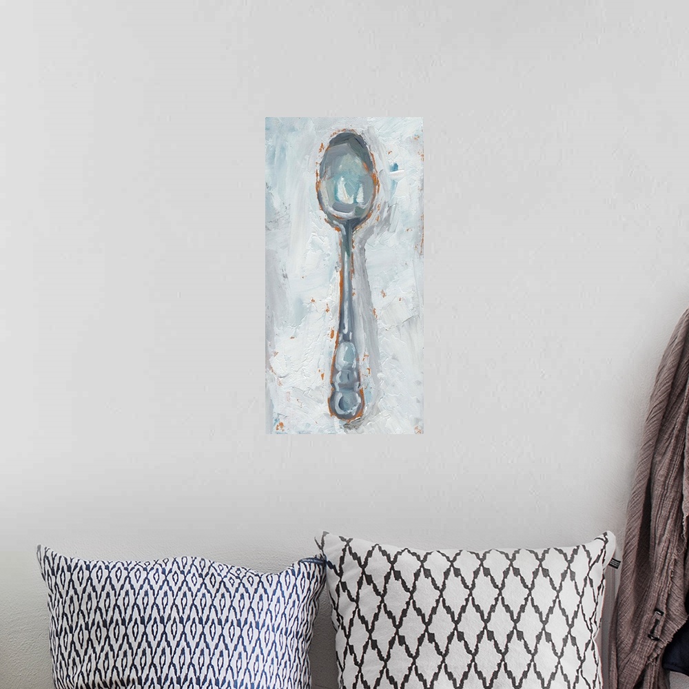 A bohemian room featuring Rustic painting of a spoon made in cool tones with warm hints of orange popping out from undernea...