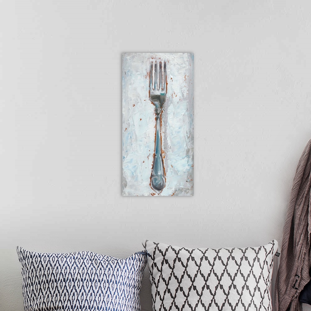 A bohemian room featuring Rustic painting of a fork made in cool tones with warm hints of orange popping out from underneat...