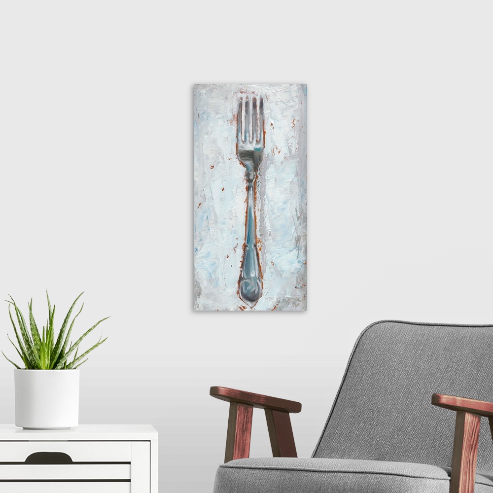 A modern room featuring Rustic painting of a fork made in cool tones with warm hints of orange popping out from underneat...