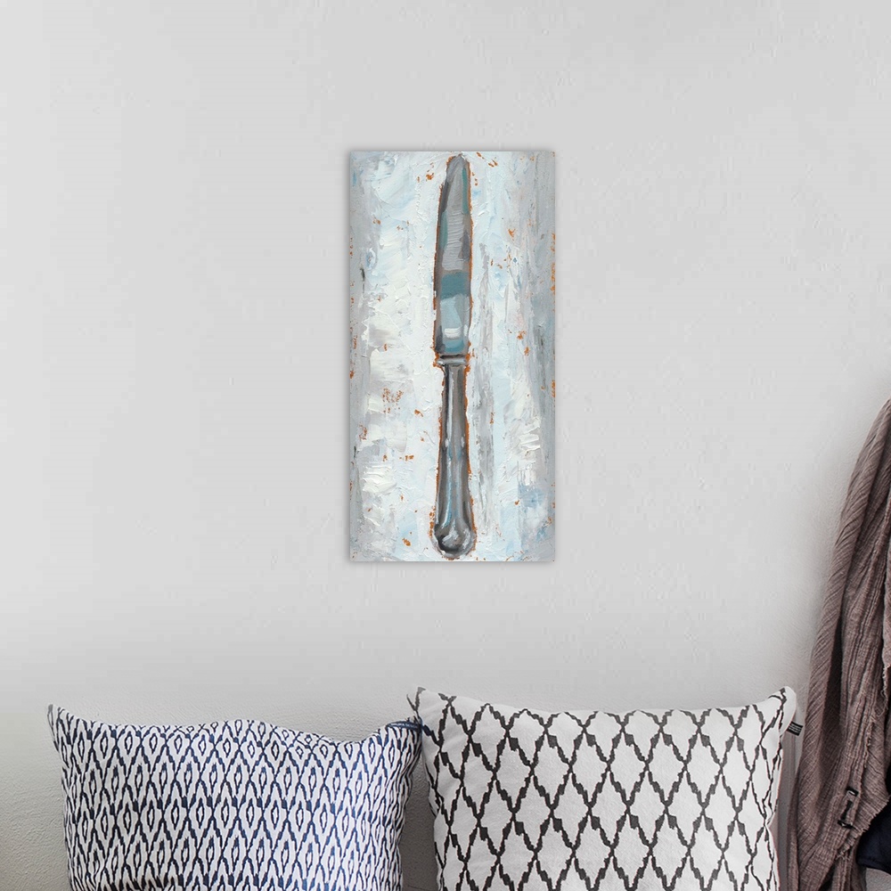 A bohemian room featuring Rustic painting of a knife made in cool tones with warm hints of orange popping out from undernea...