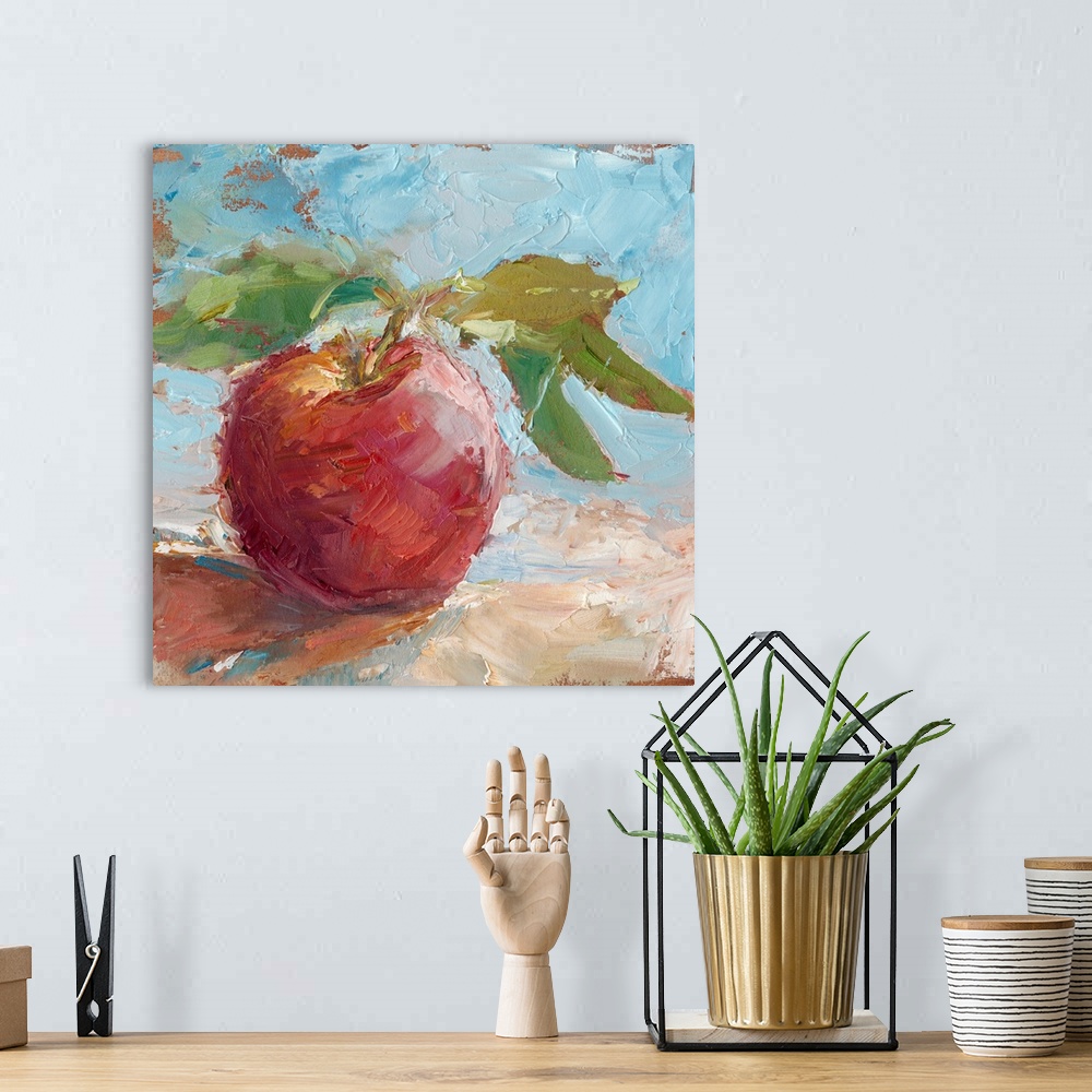 A bohemian room featuring Contemporary painting of a red apple in an impressionist style.