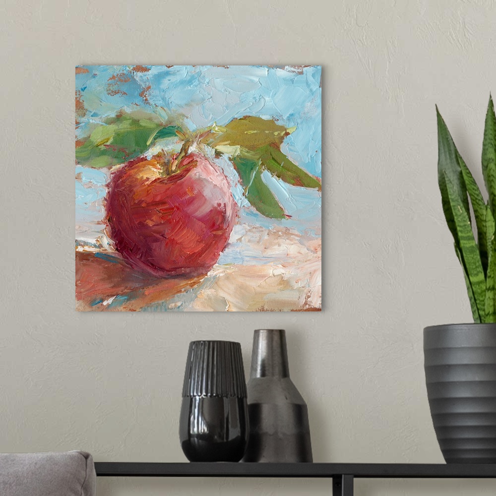 A modern room featuring Contemporary painting of a red apple in an impressionist style.