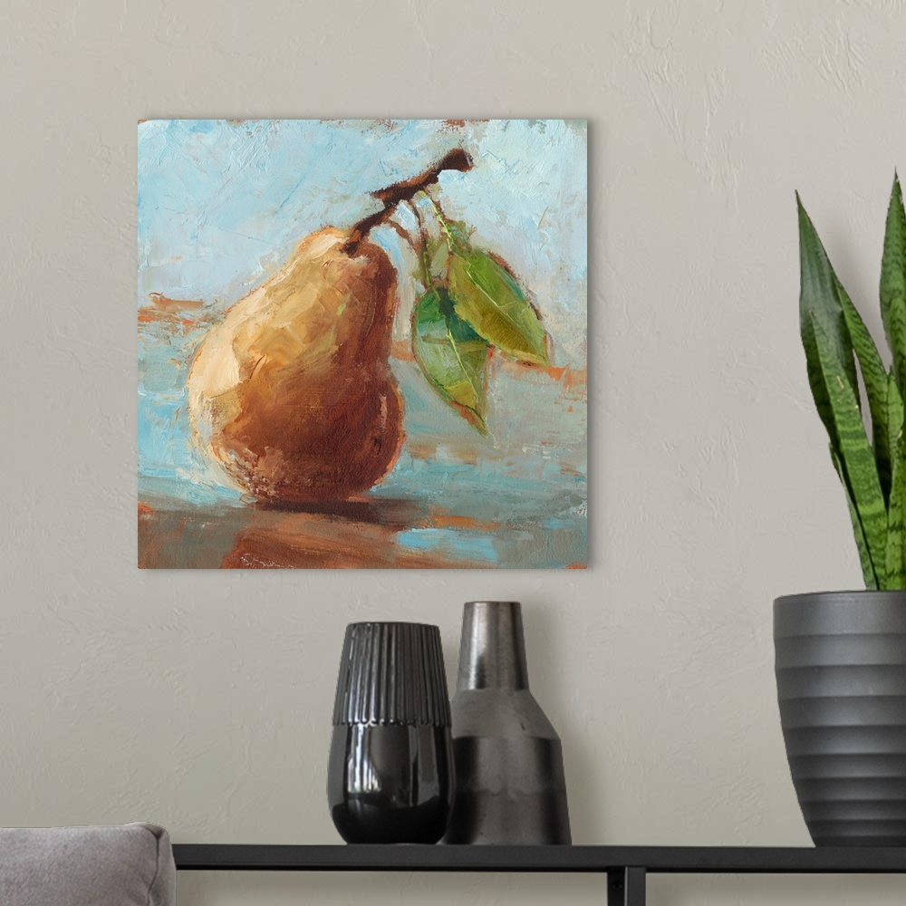 A modern room featuring Contemporary painting of a yellow pear in an impressionist style.