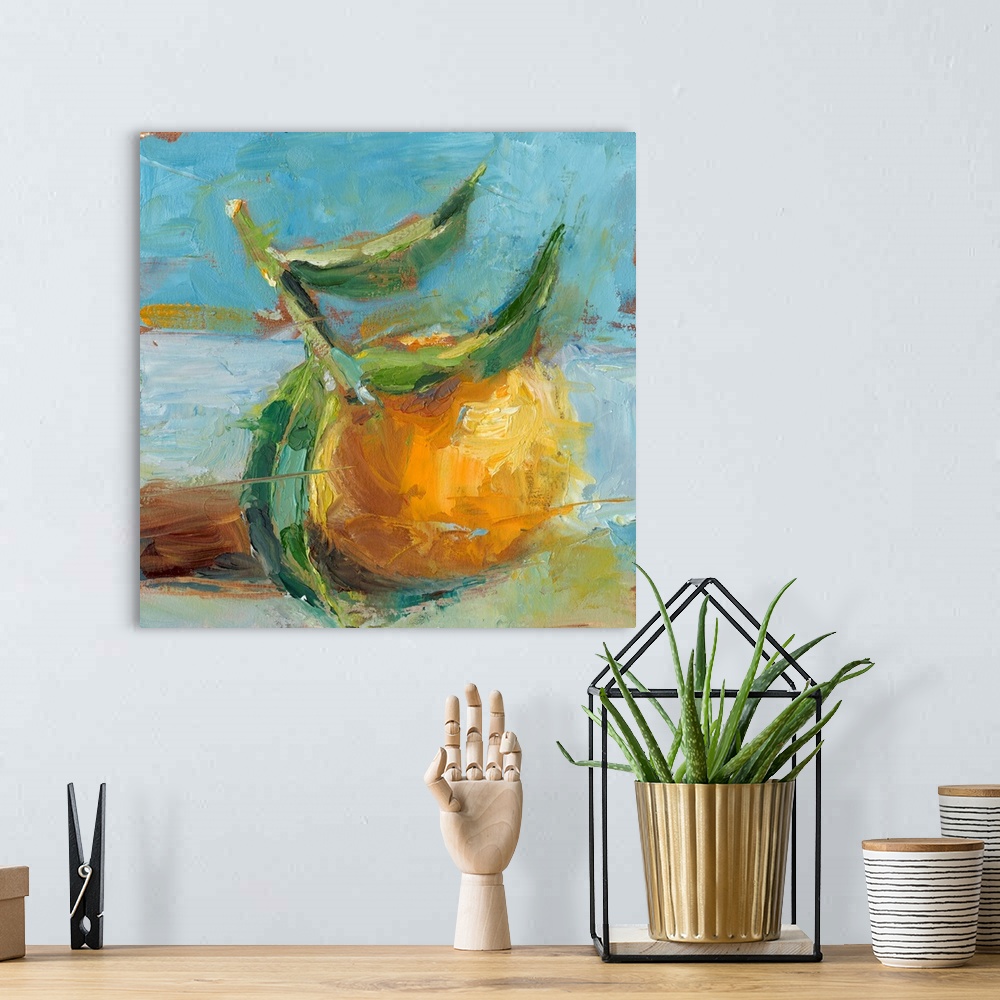 A bohemian room featuring Contemporary painting of a fresh lemon in an impressionist style.