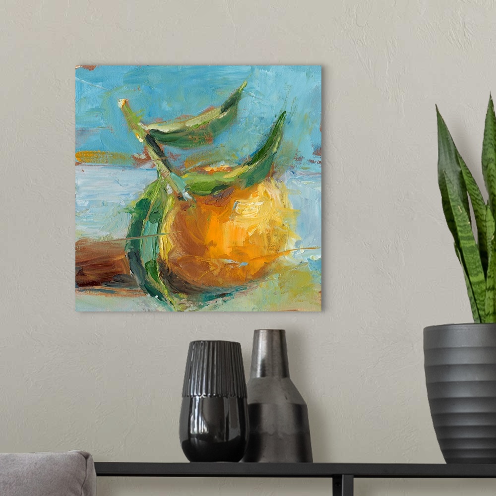 A modern room featuring Contemporary painting of a fresh lemon in an impressionist style.