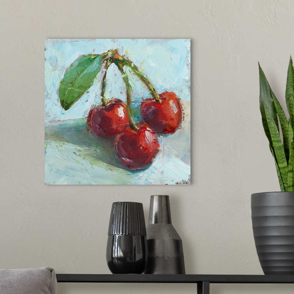 A modern room featuring Contemporary painting of red cherries in an impressionist style.
