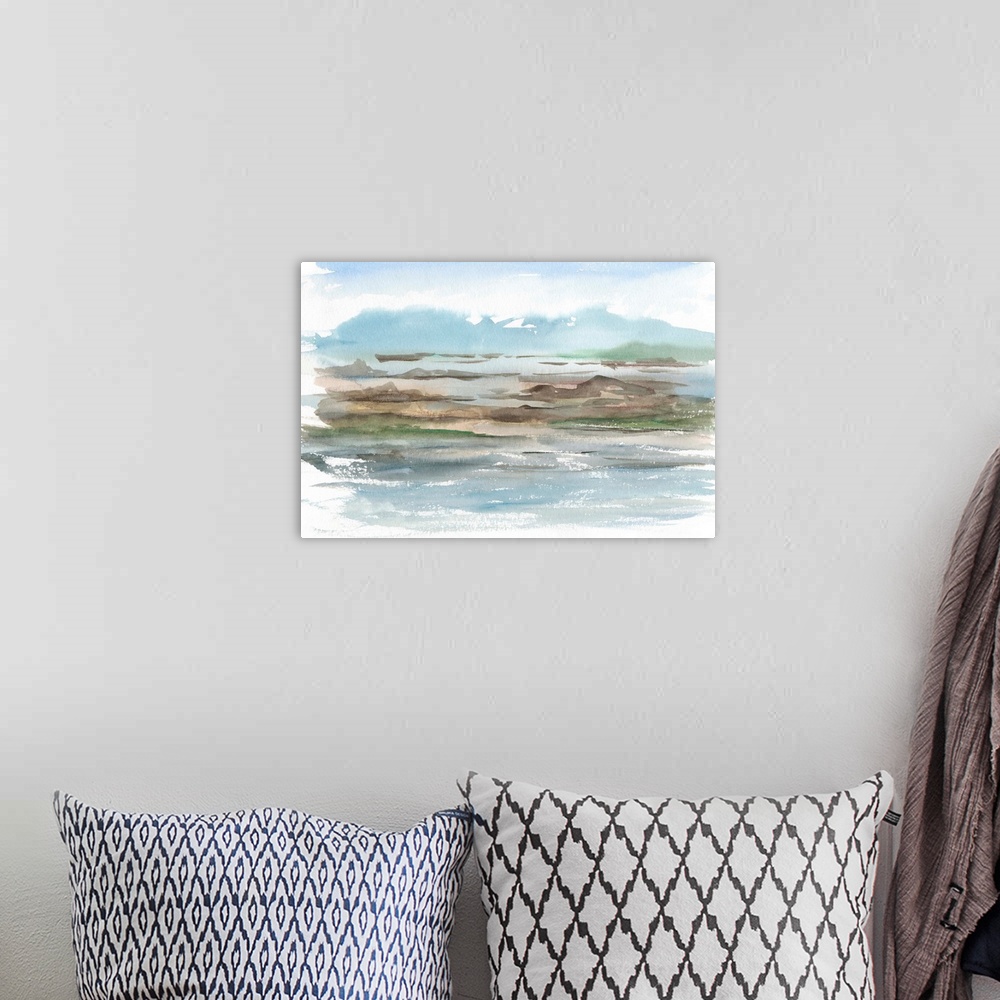 A bohemian room featuring Semi-abstract watercolor painting of a mountain landscape with a lake.