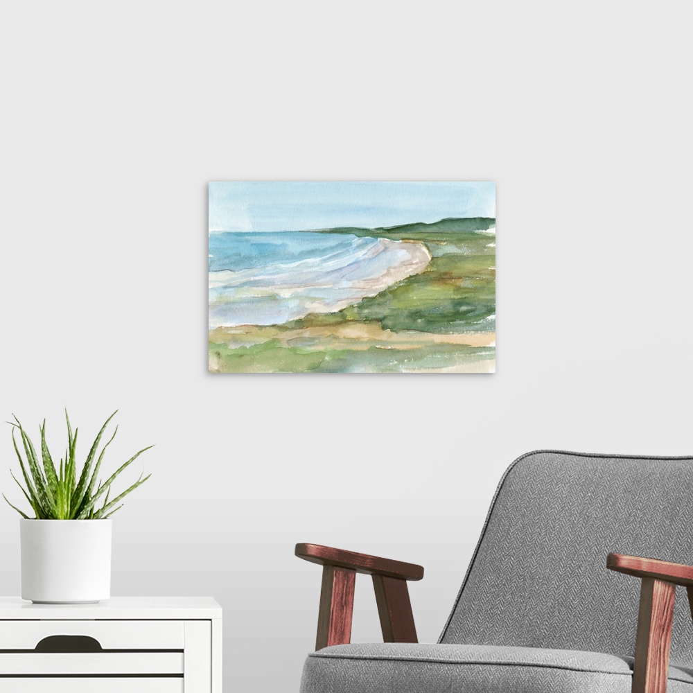 A modern room featuring Semi-abstract watercolor painting of a coastal landscape.