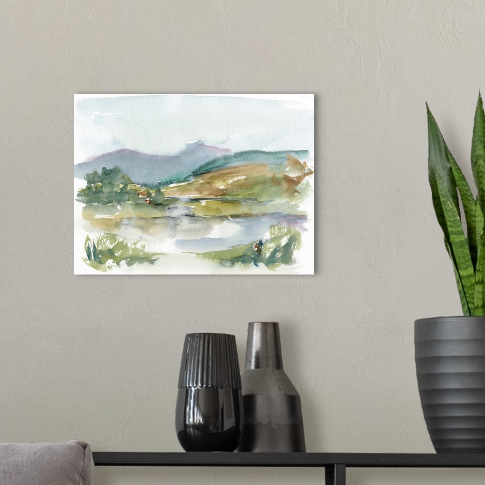 A modern room featuring Semi-abstract watercolor painting of a stream running through a green field.