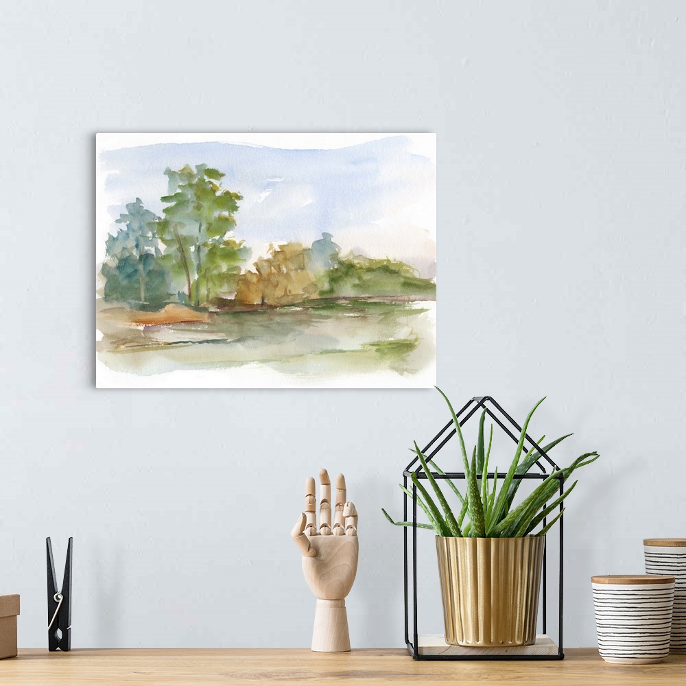 A bohemian room featuring Semi-abstract watercolor painting of a stream running through a green field.