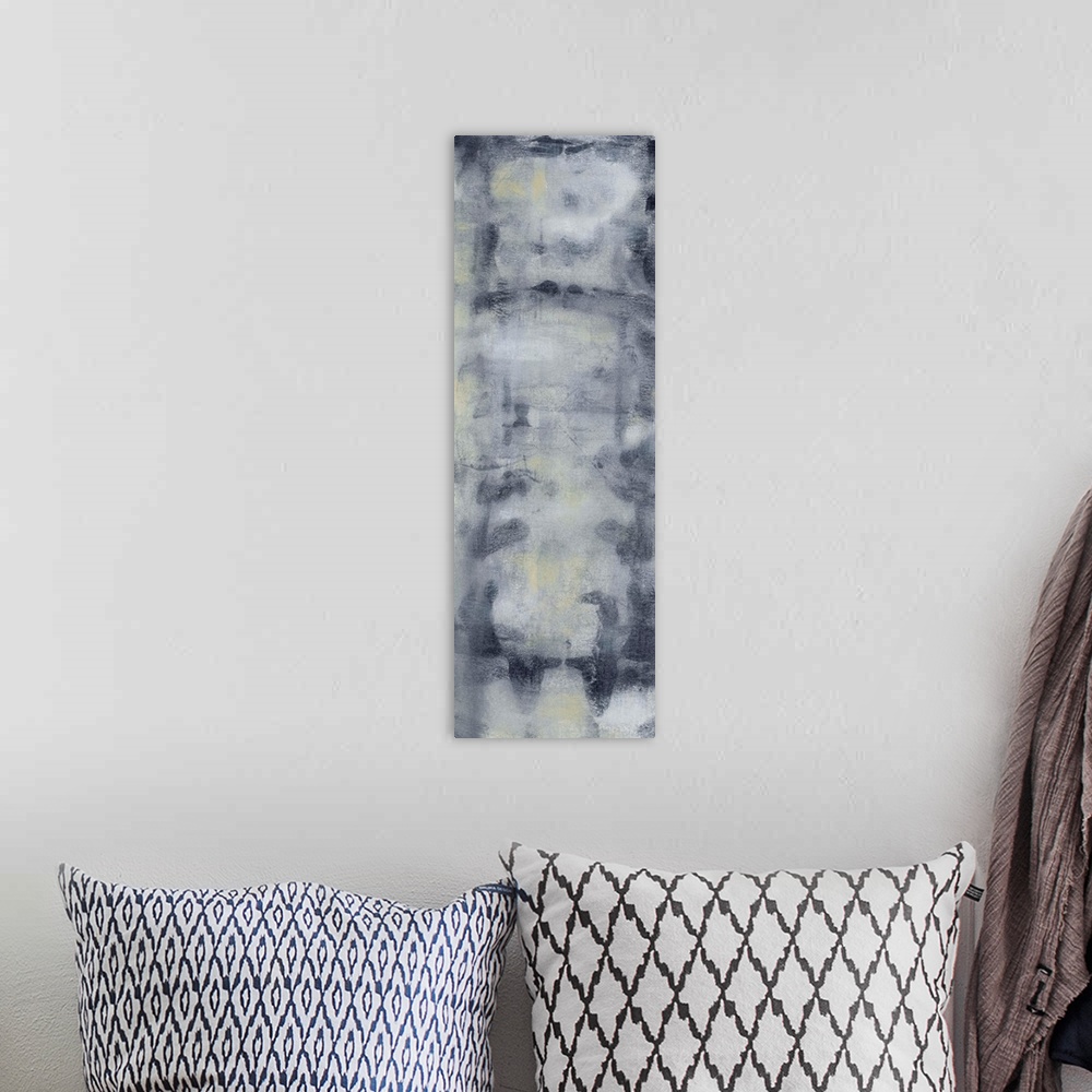 A bohemian room featuring Contemporary abstract painting using smokey gray and blue tones.
