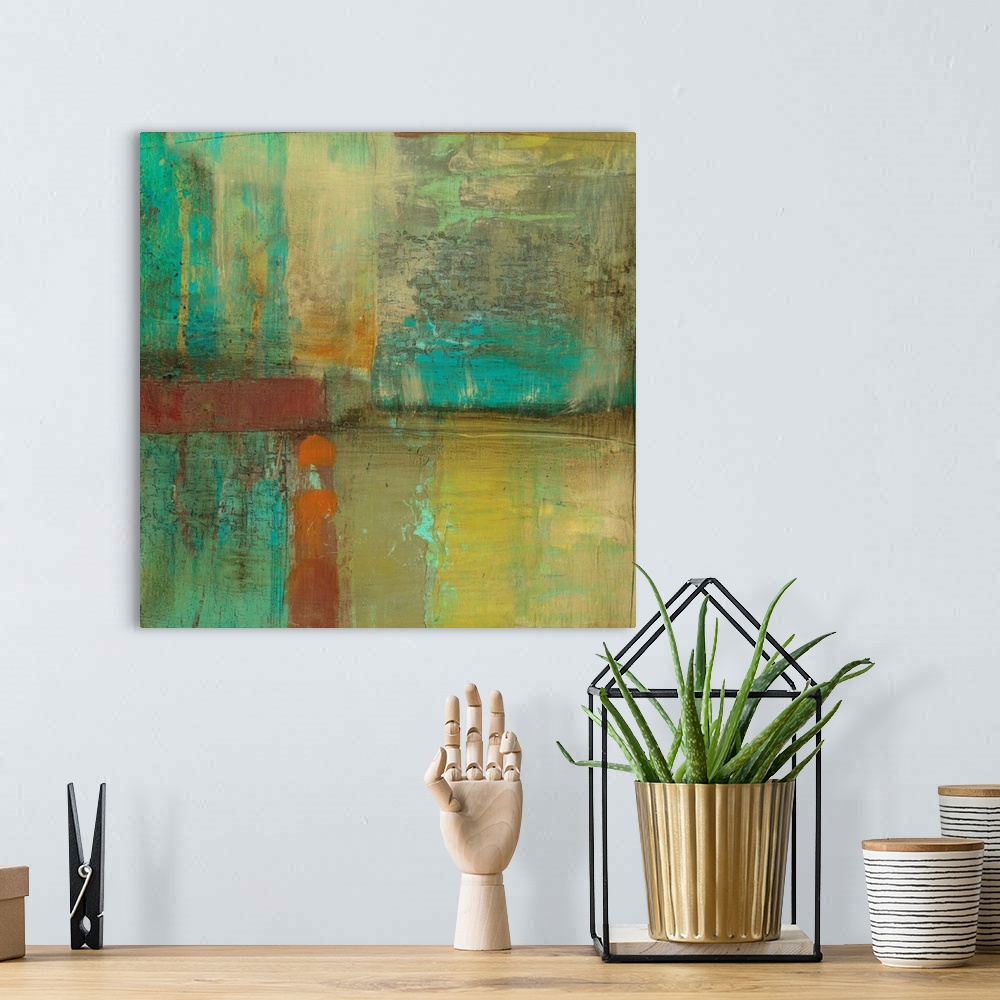 A bohemian room featuring Abstract artwork that uses blocks of colors on this square piece. Mostly cooler tones are used wi...