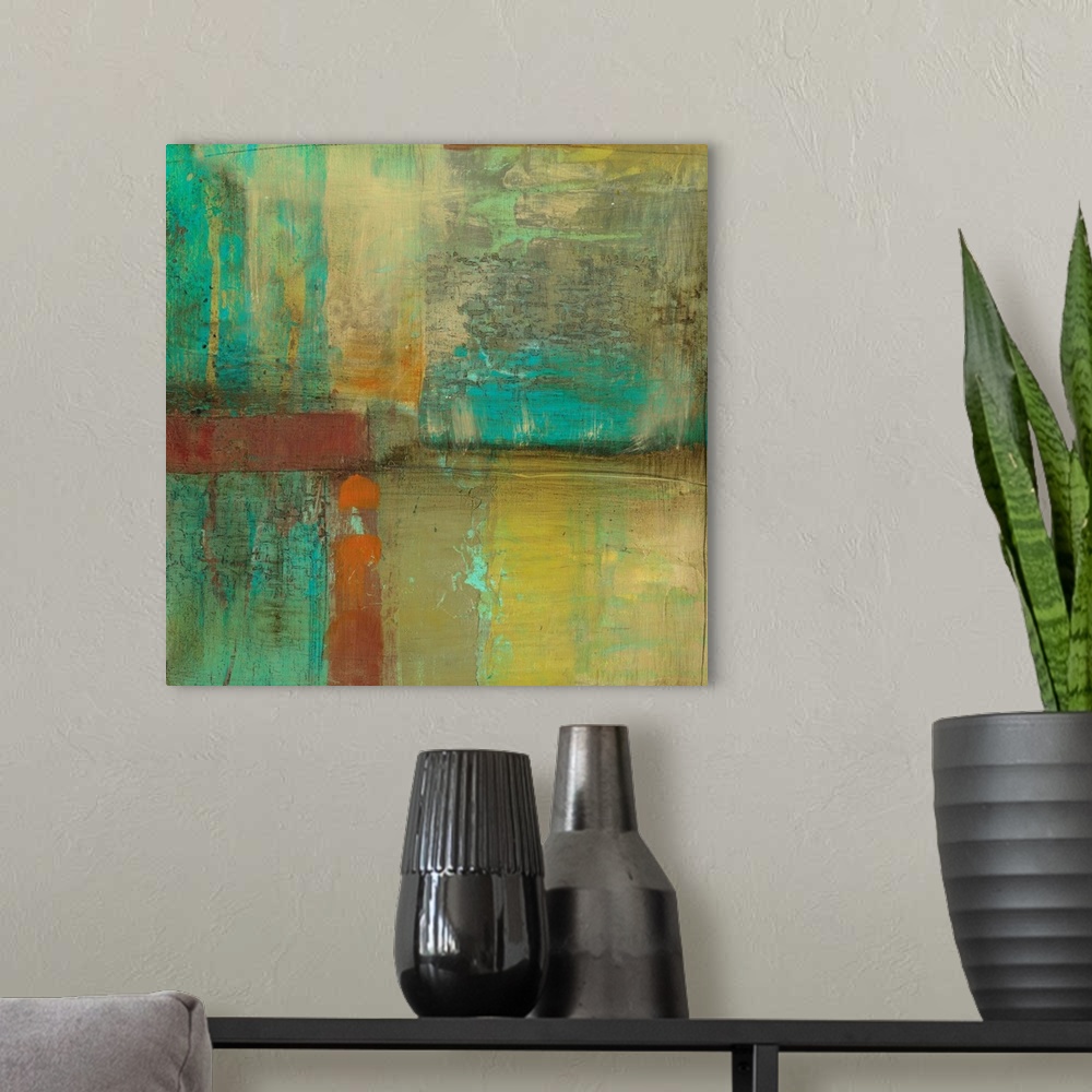 A modern room featuring Abstract artwork that uses blocks of colors on this square piece. Mostly cooler tones are used wi...