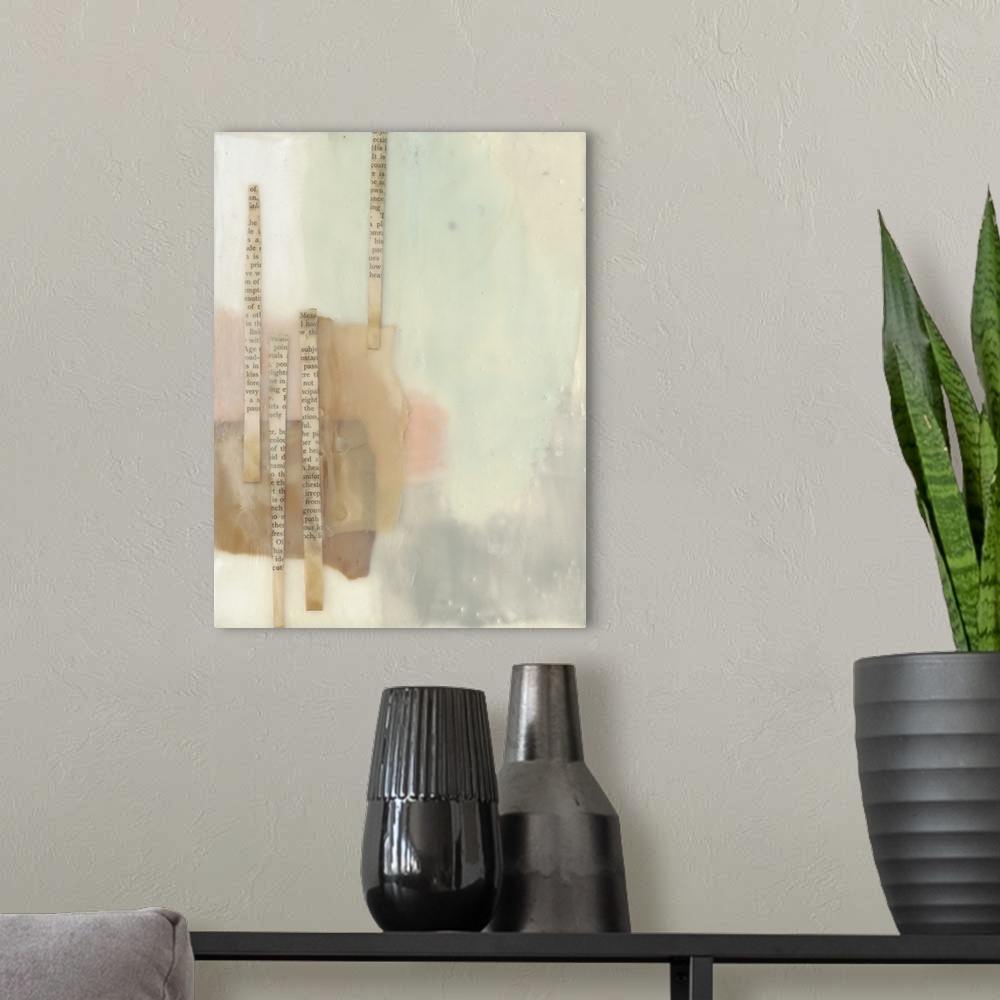 A modern room featuring The appearance of a thin layer of wax covers this soft color abstract with strips of aged newspap...