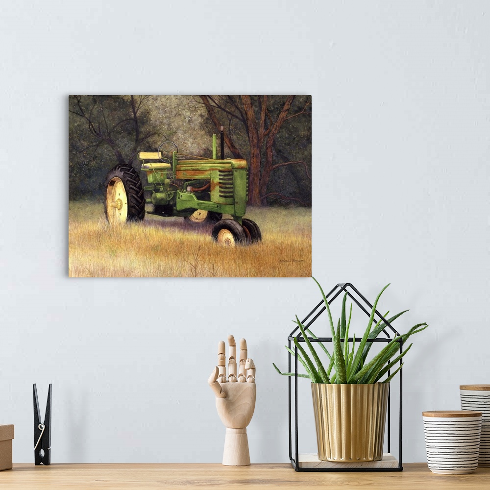 A bohemian room featuring Illustration of an old green tractor forgotten in a field.