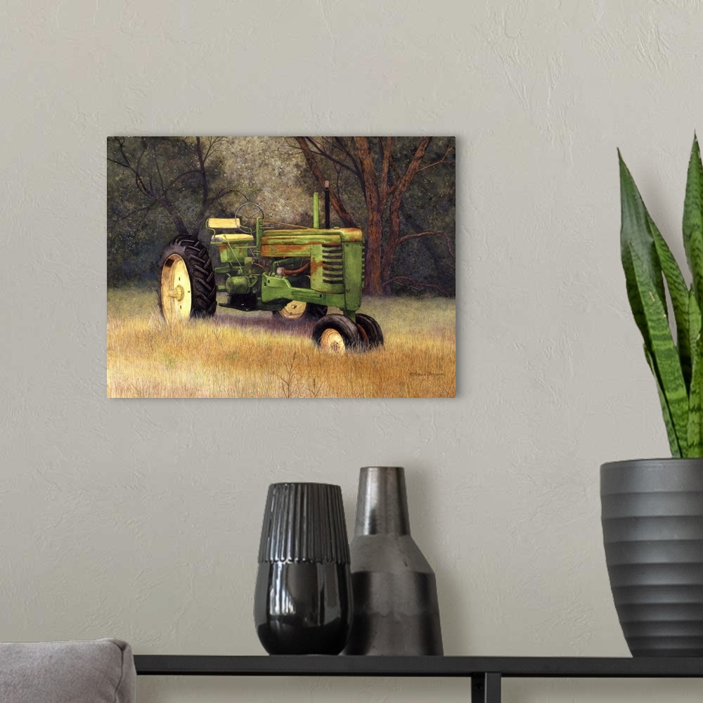 A modern room featuring Illustration of an old green tractor forgotten in a field.