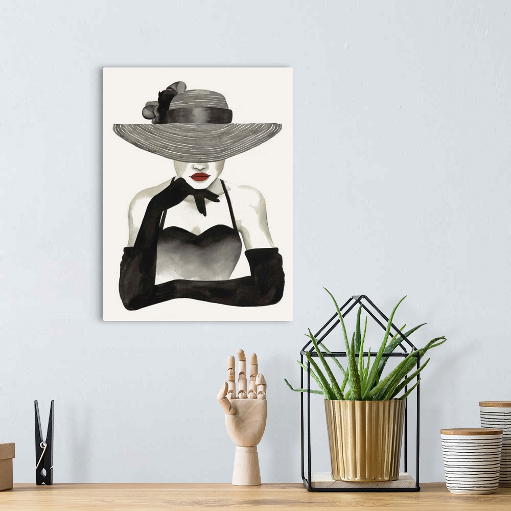 A bohemian room featuring Fashion docor image of a slender woman wearing elbow length black gloves and a large straw hat. H...