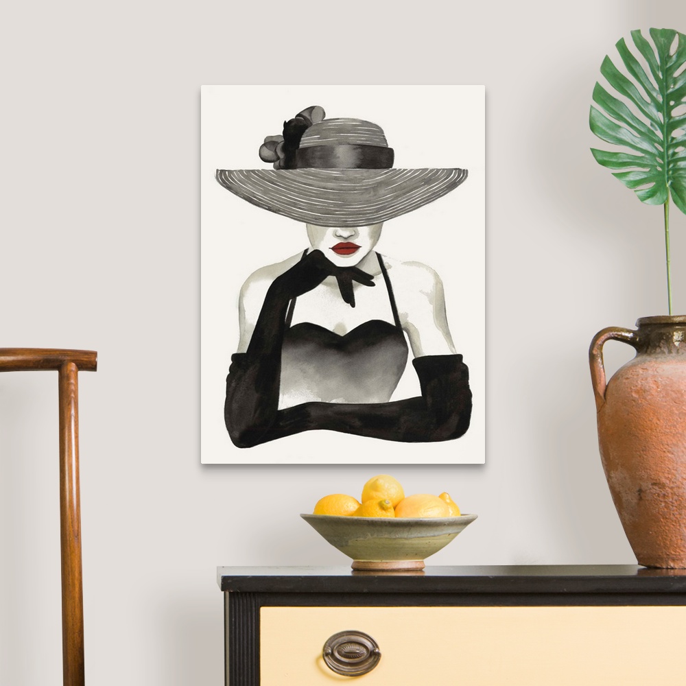 A traditional room featuring Fashion docor image of a slender woman wearing elbow length black gloves and a large straw hat. H...