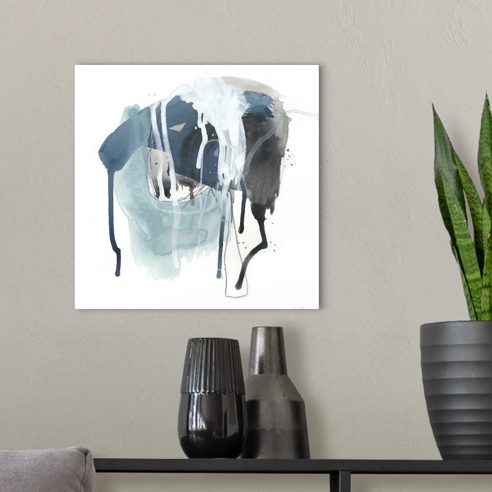 A modern room featuring Square abstract painting in black, blue and white with drips of the overlapping paint on a white ...