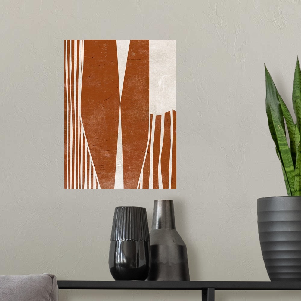 A modern room featuring An earthy, chunky geometric abstract in warm earth tones.