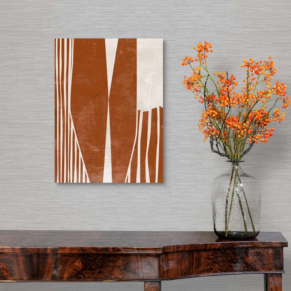 A traditional room featuring An earthy, chunky geometric abstract in warm earth tones.