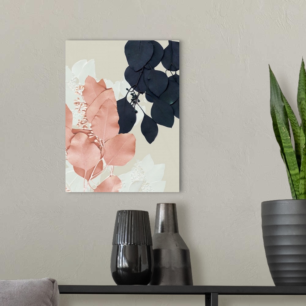 A modern room featuring Indigo and Blush Leaves IV