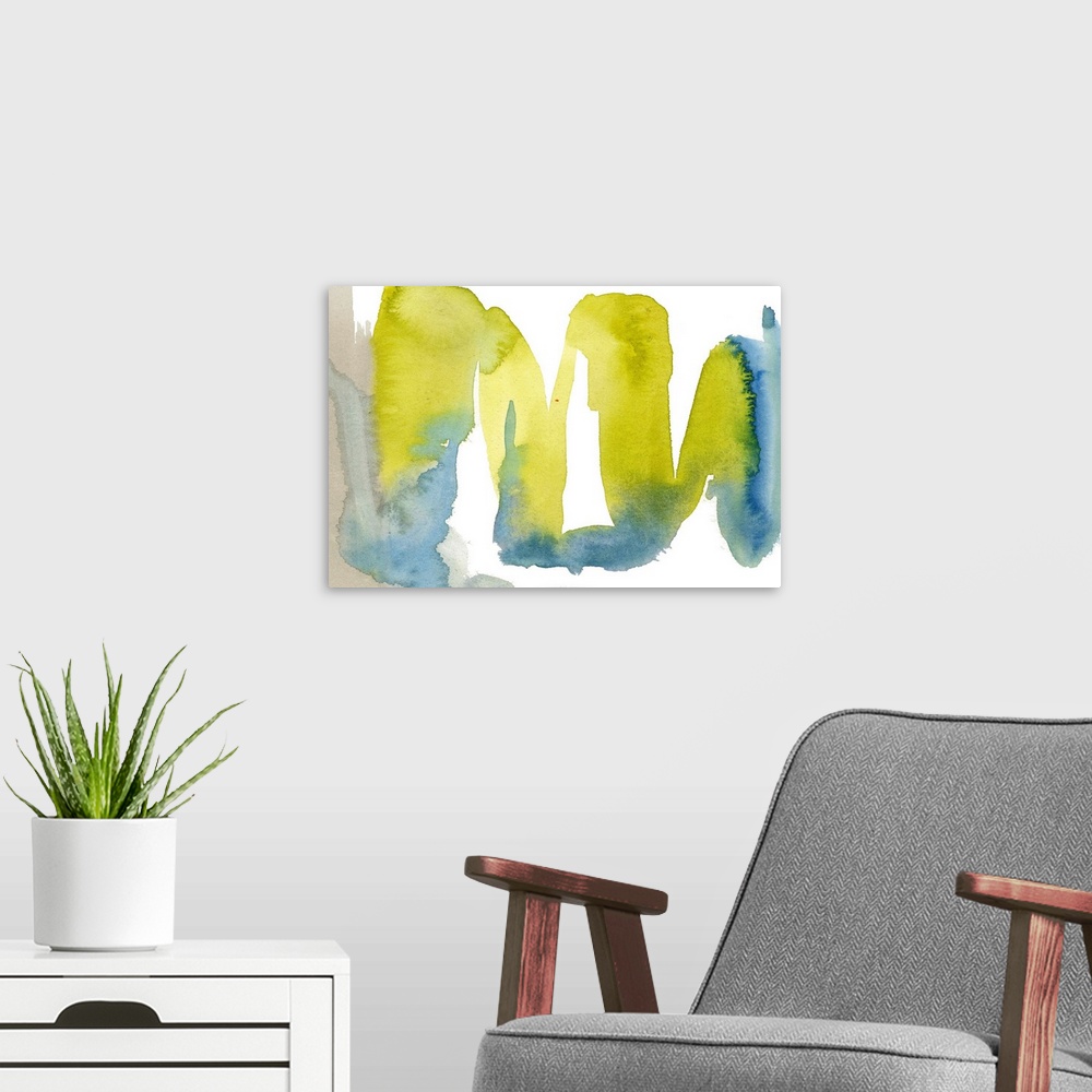 A modern room featuring Horizontal abstract artwork in waves of blue and yellow watercolor.