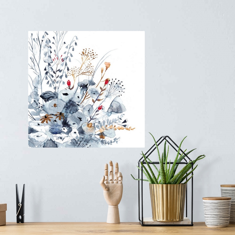 A bohemian room featuring Square watercolor painting of indigo, orange, and red wildflowers.