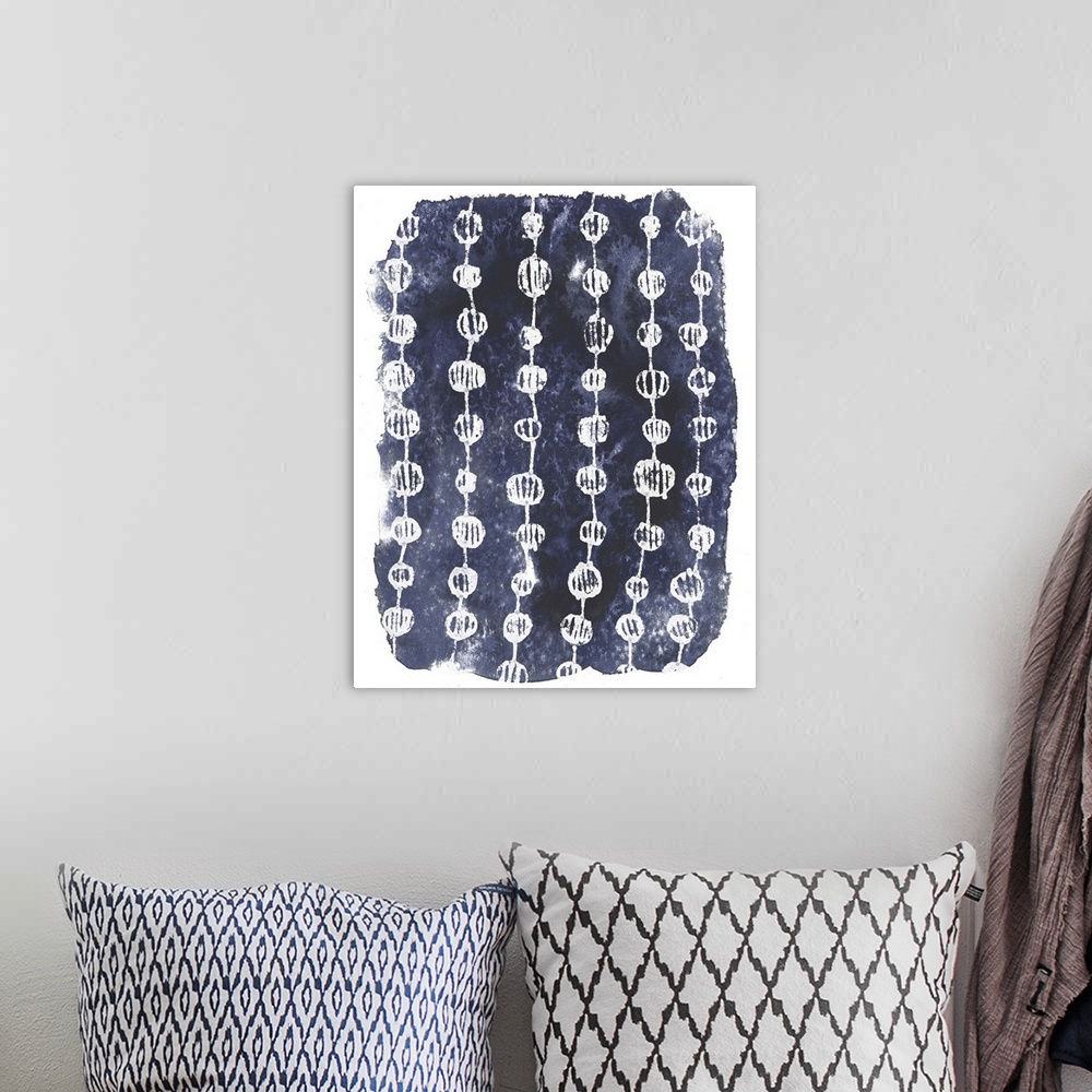 A bohemian room featuring Retro looking pattern in dark blue tones against a white vignette background.
