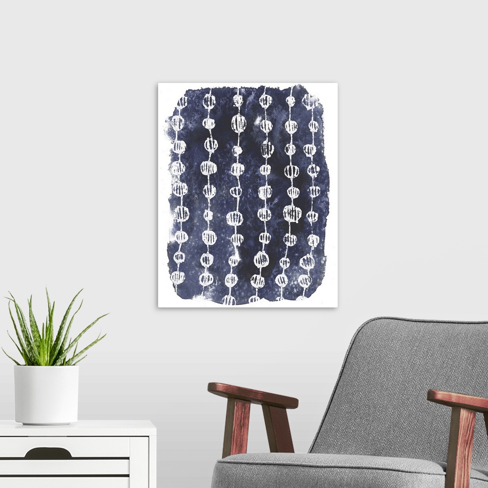 A modern room featuring Retro looking pattern in dark blue tones against a white vignette background.